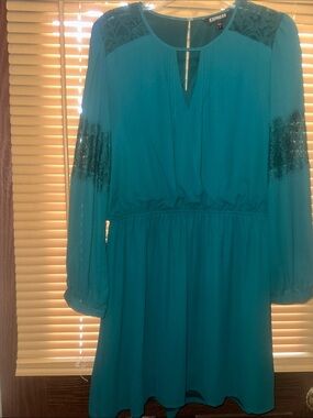 Express Teal Lace-Trim Long Sleeve Dress